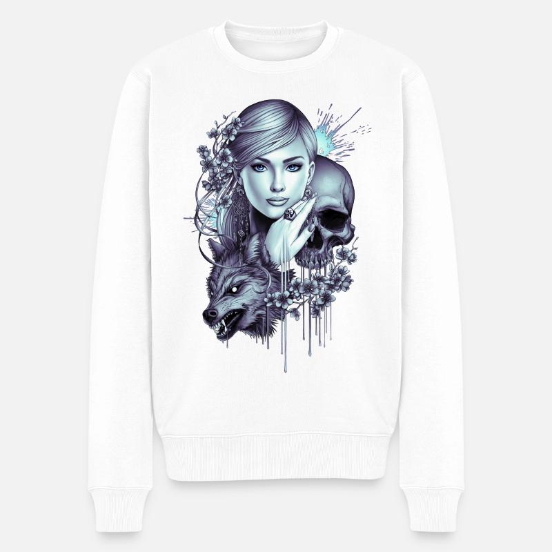 Wolfsschädel Mädchen Tattoo - Männer Premium Bio Pullover - Weiß
