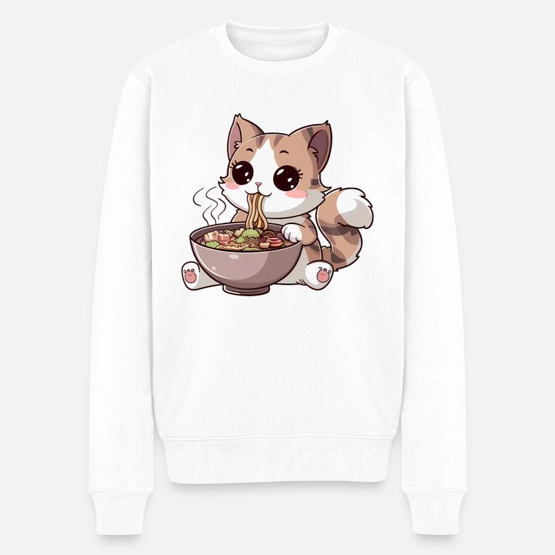 Kawaii Katze isst Ramen - Männer Premium Bio Pullover - Weiß