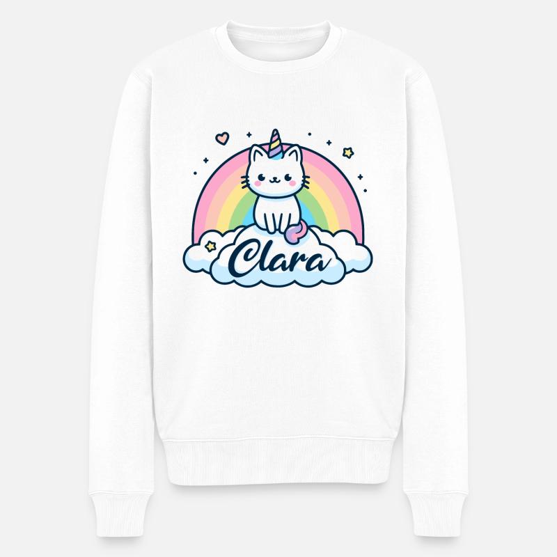 Clara Nom Prénom Licorne Chat - Pull Premium bio Homme - blanc