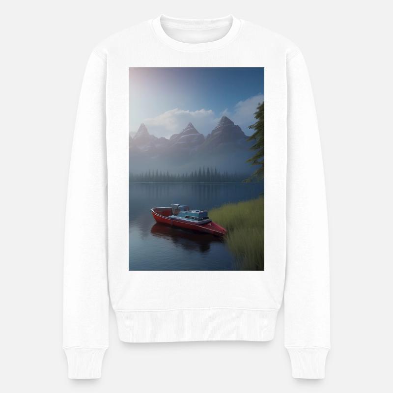 Landschaft mit See, Boot und Berge - Männer Premium Bio Pullover - Weiß