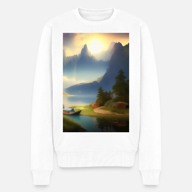 Landschaft mit See, Boot und Berge - Männer Premium Bio Pullover - Weiß