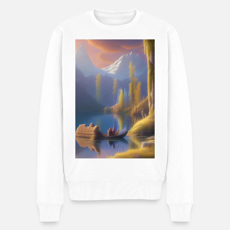 Landschaft mit See, Boot und Berge - Männer Premium Bio Pullover - Weiß