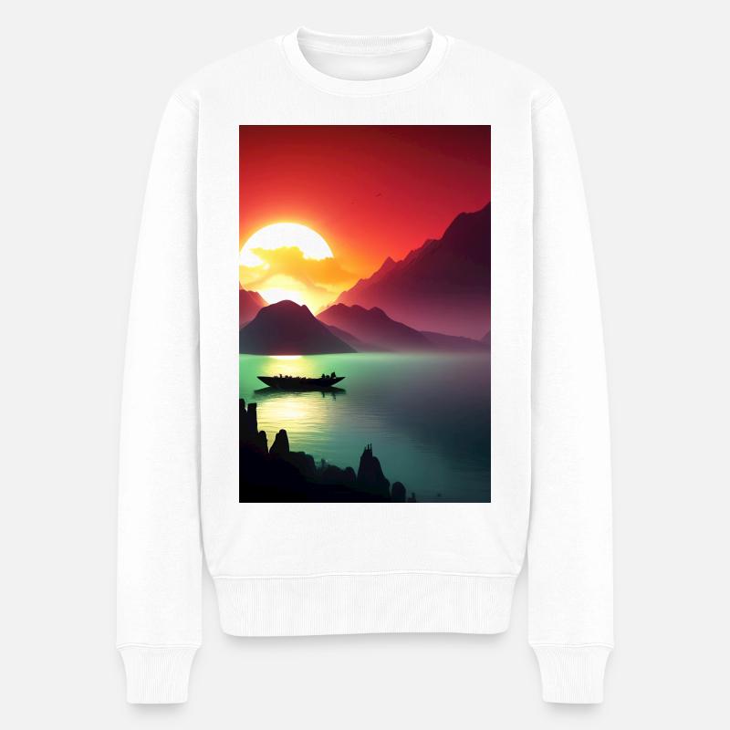 Landschaft mit See, Boot und Berge - Männer Premium Bio Pullover - Weiß