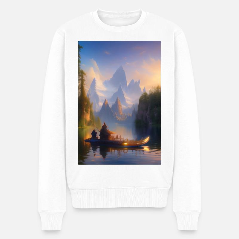 Landschaft mit See, Boot und Berge - Männer Premium Bio Pullover - Weiß