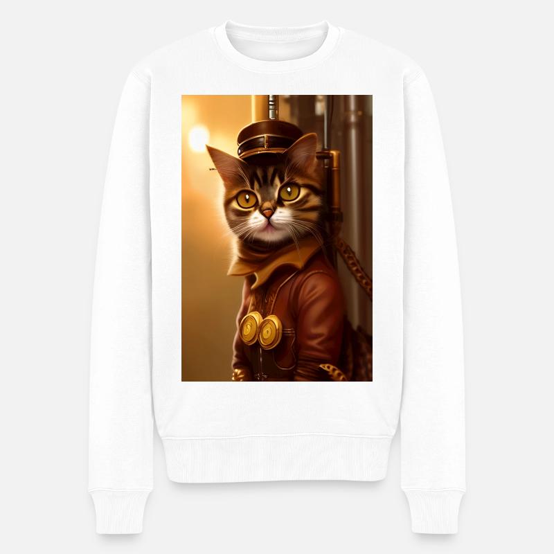 Katze Steampunk Style - Männer Premium Bio Pullover - Weiß