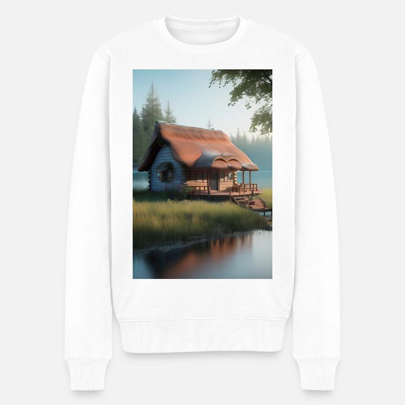 Charmante Hütte am See - Männer Premium Bio Pullover - Weiß