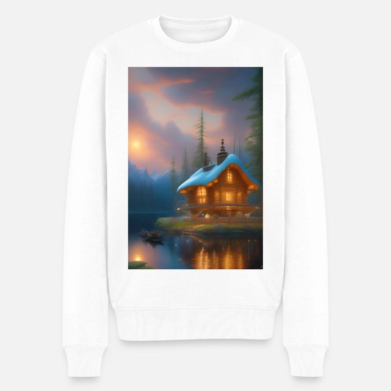 Charmante Hütte am See - Männer Premium Bio Pullover - Weiß
