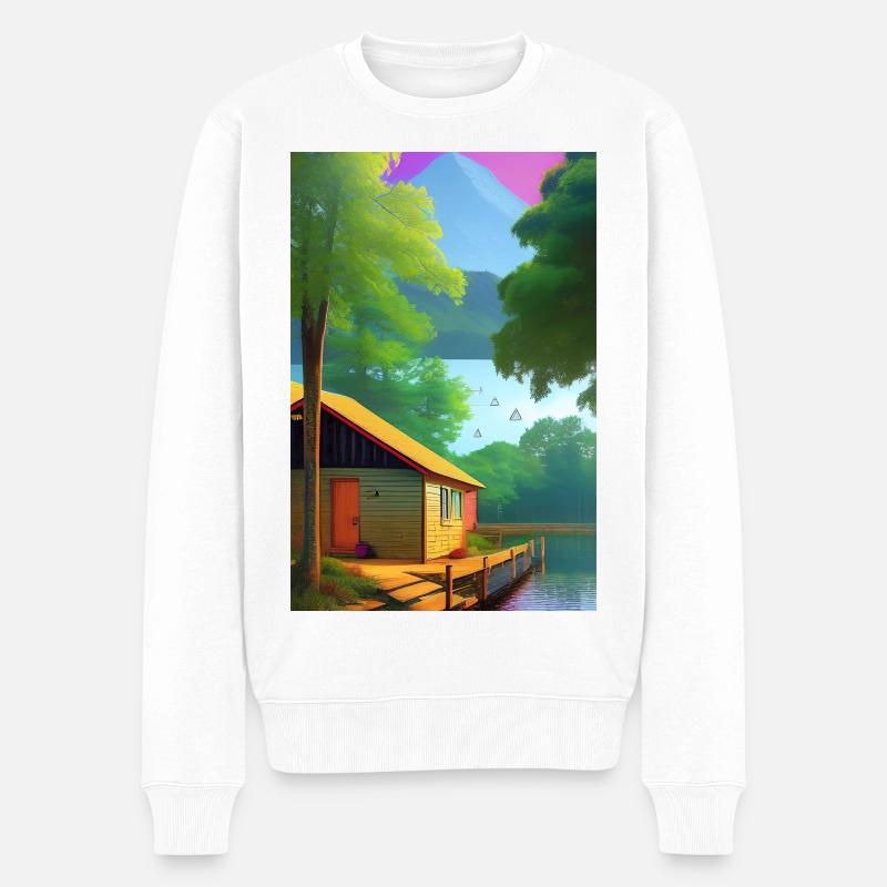 Charmante Hütte am See - Männer Premium Bio Pullover - Weiß