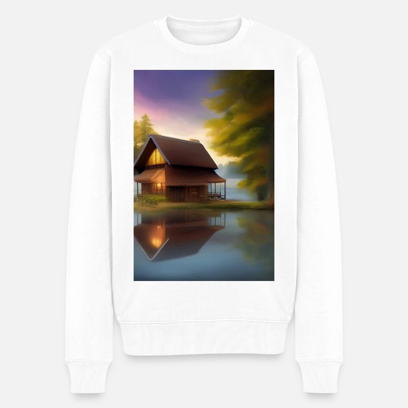 Charmante Hütte am See - Männer Premium Bio Pullover - Weiß