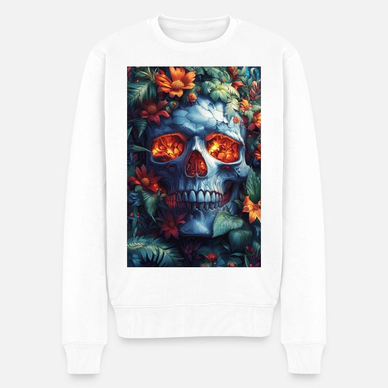 Flammender Schädel im Blütenreich - Männer Premium Bio Pullover - Weiß