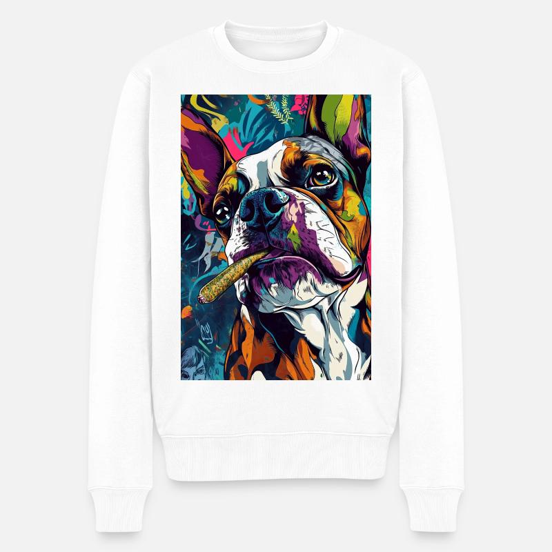 Knallbunte Bulldogge mit Zigarre - Männer Premium Bio Pullover - Weiß
