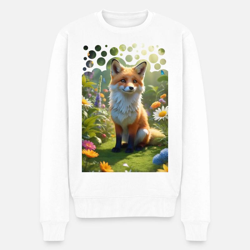 Frecher süßer Fuchs auf einer Wiese mit Blumen - Männer Premium Bio Pullover - Weiß