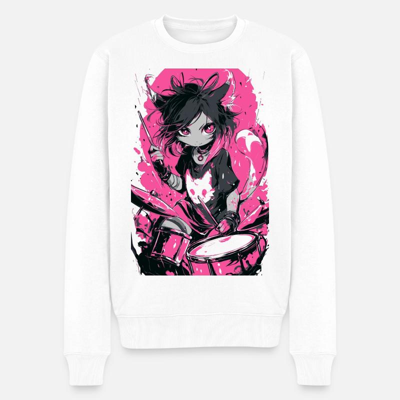 Katzendrummerin Neonpink - Männer Premium Bio Pullover - Weiß