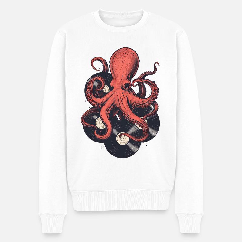 Oktopus mit Vinylplatten – Retro Musikdesign - Männer Premium Bio Pullover - Weiß