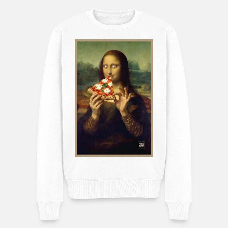 Mona Lisa isst Pizza - Männer Premium Bio Pullover - Weiß