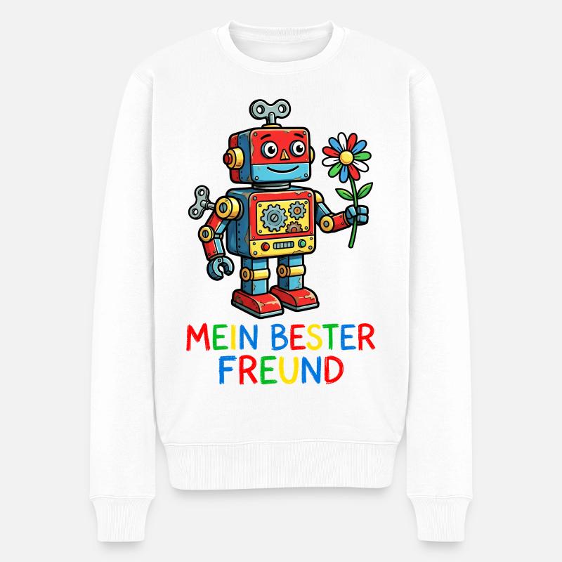 Farbenfroher Roboterfreund mit Blume - Männer Premium Bio Pullover - Weiß