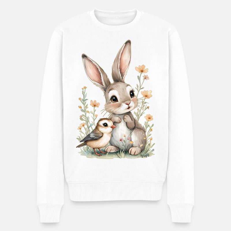 Hase und Vogel zwischen Blumen – kawaii 🐰🐦 - Männer Premium Bio Pullover - Weiß