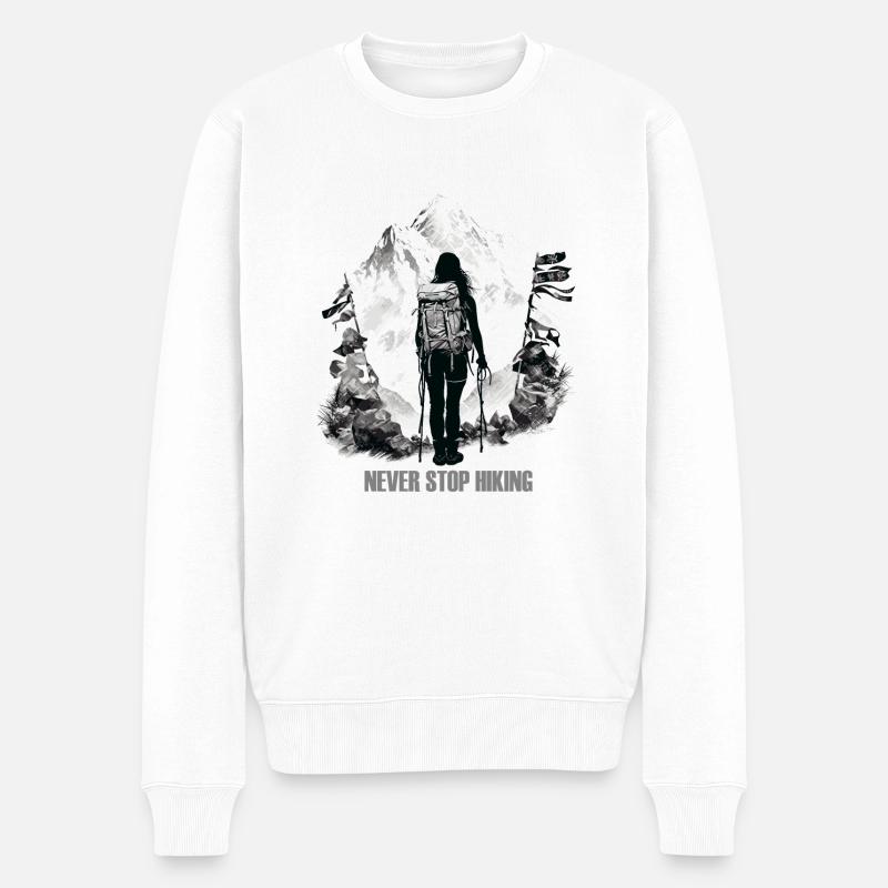 Never Stop Hiking (Himalaya Woman Edition) - Männer Premium Bio Pullover - Weiß