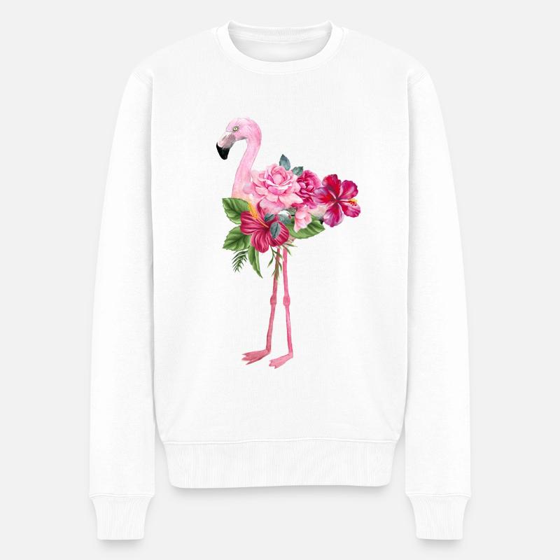 Flamingo mit Blumen - Männer Premium Bio Pullover - Weiß