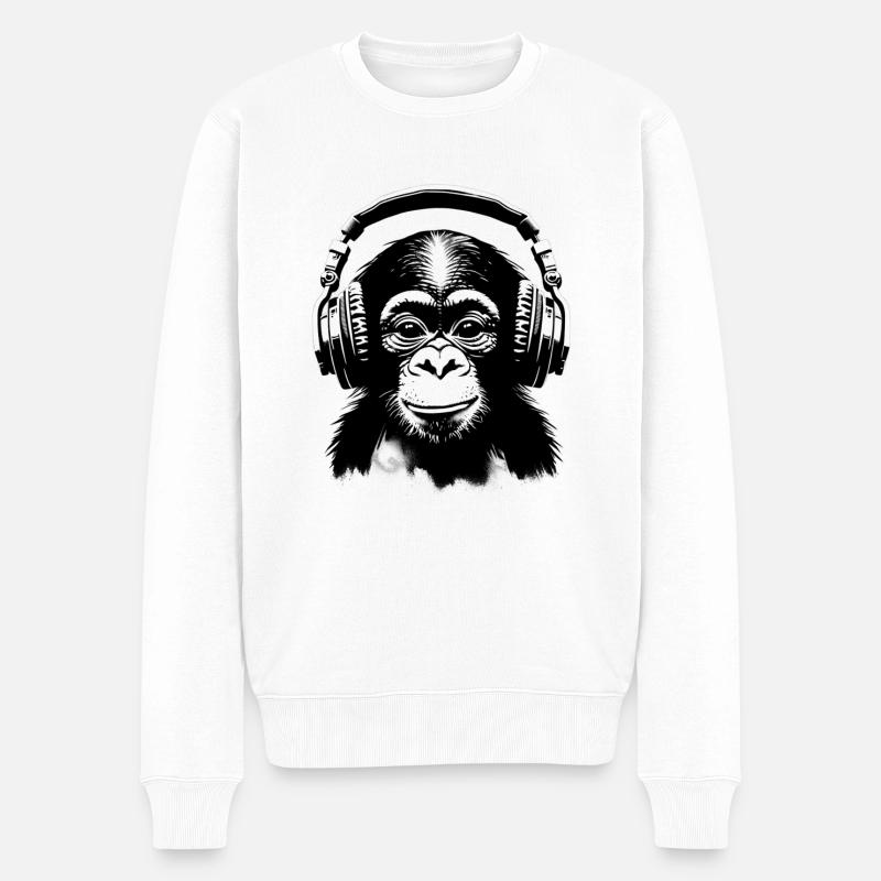 Affe mit Kopfhörern 🎧 - Männer Premium Bio Pullover - Weiß