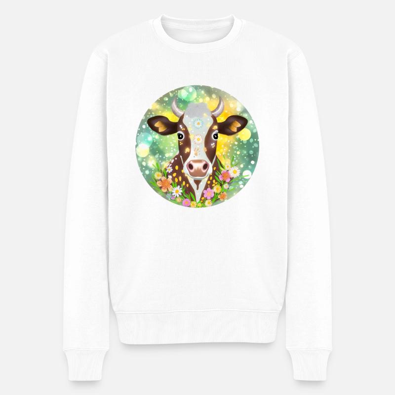 T Shirt Motiv Kuh mit Blumenschmuck Geschenkidee - Männer Premium Bio Pullover - Weiß