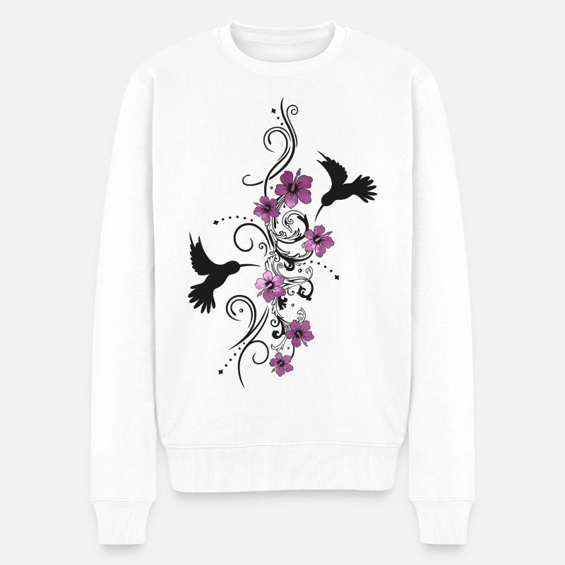 Colibri avec hibiscus et vrille, style aquarelle - Pull Premium bio Homme - blanc