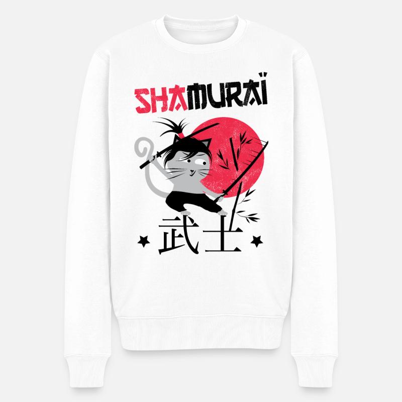 Funny Cat, Shamuraï Drôle de Chat Guerrier Samuraï - Pull Premium bio Homme - blanc