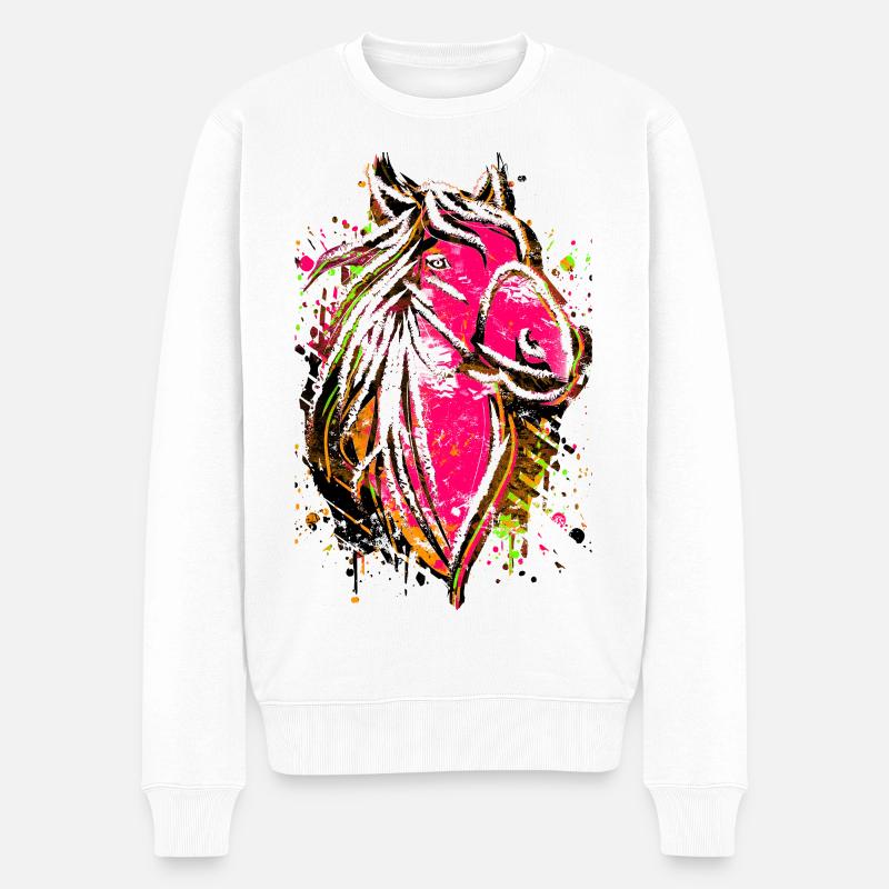 Pinkes Pferd - Pferdekopf Zeichnung Pferde Malerei - Männer Premium Bio Pullover - Weiß