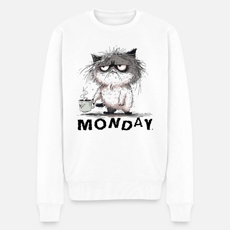 Mürrische Katze mit Kaffee - Männer Premium Bio Pullover - Weiß