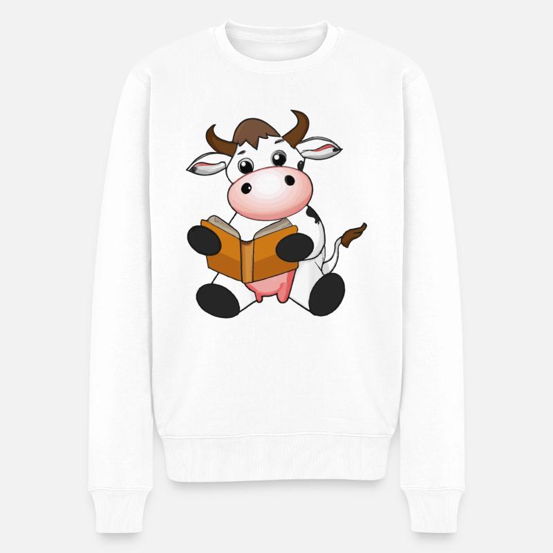 Kuh liest Buch Geschenkidee - Männer Premium Bio Pullover - Weiß