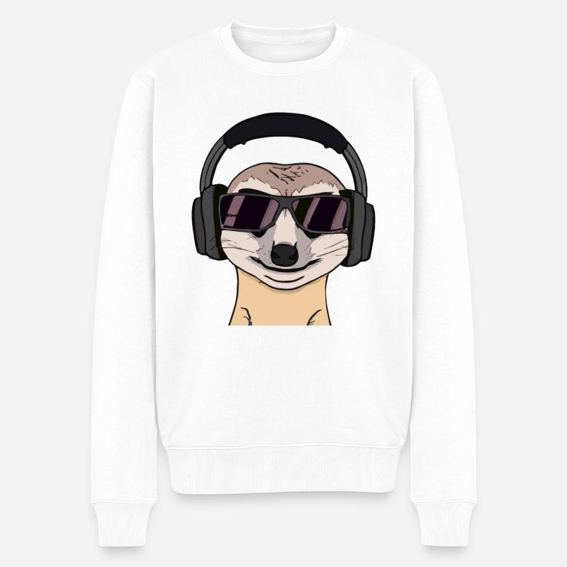 Suricate avec lunettes de soleil et écouteurs - Pull Premium bio Homme - blanc