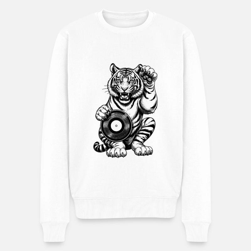 Musik Comic Shirt: Tiger Pfote auf Schallplatte - Männer Premium Bio Pullover - Weiß