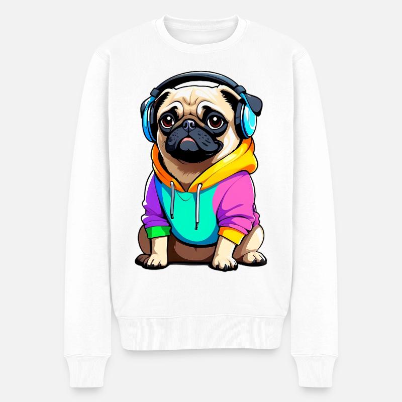 Pug mit Kopfhörer und Kleidung - Männer Premium Bio Pullover - Weiß
