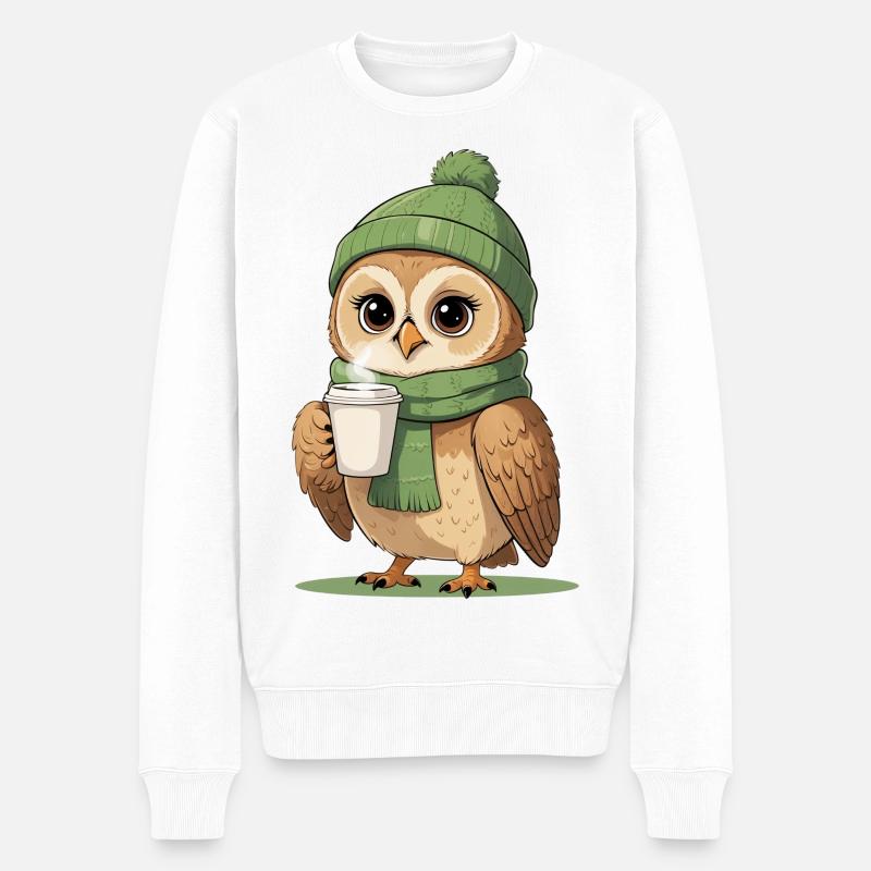 Winterliche Eulenkaffee Pause - Männer Premium Bio Pullover - Weiß