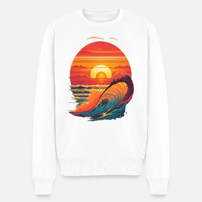 Retro-Sonnenuntergang und Wellen - Männer Premium Bio Pullover - Weiß