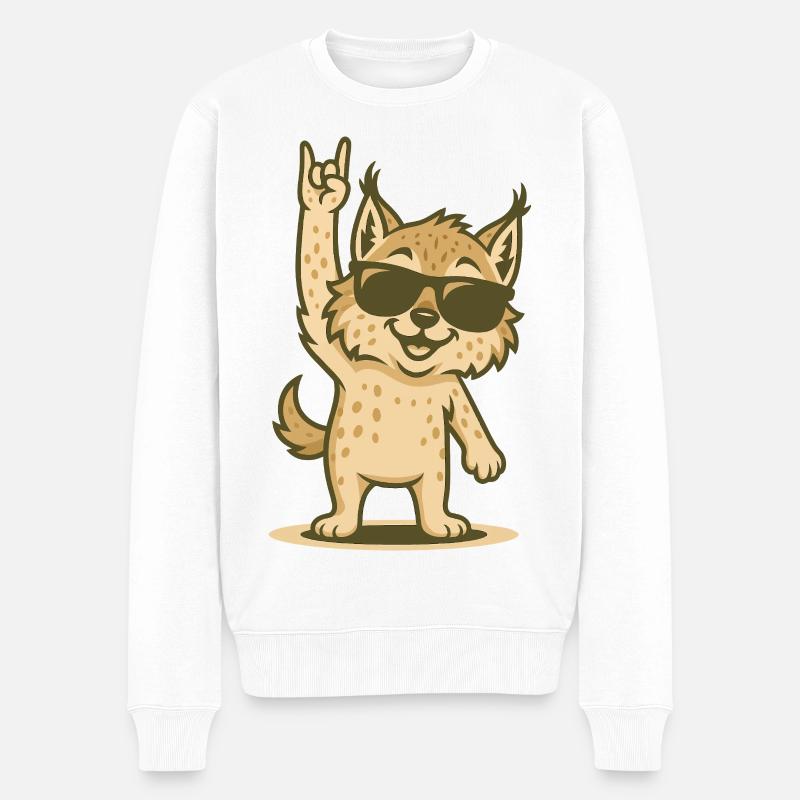 Cooler Rocker-Luchs mit Sonnenbrille - Männer Premium Bio Pullover - Weiß