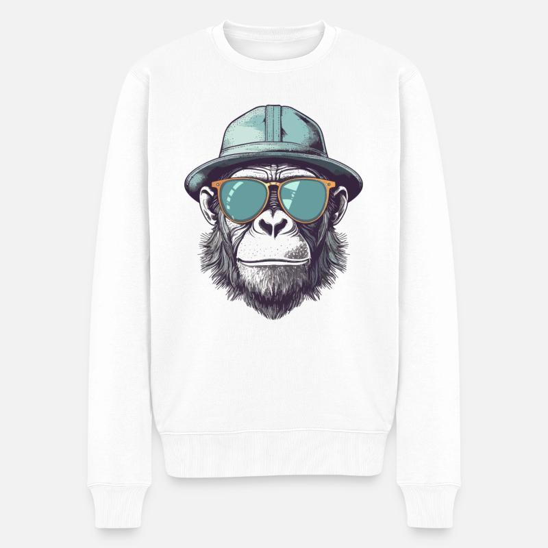 Cooler Affe mit Sonnenbrille und Hut - Männer Premium Bio Pullover - Weiß