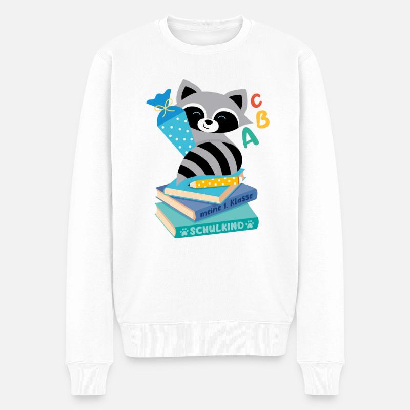 Waschbär mit Schultüte auf Bücherstapel - Männer Premium Bio Pullover - Weiß