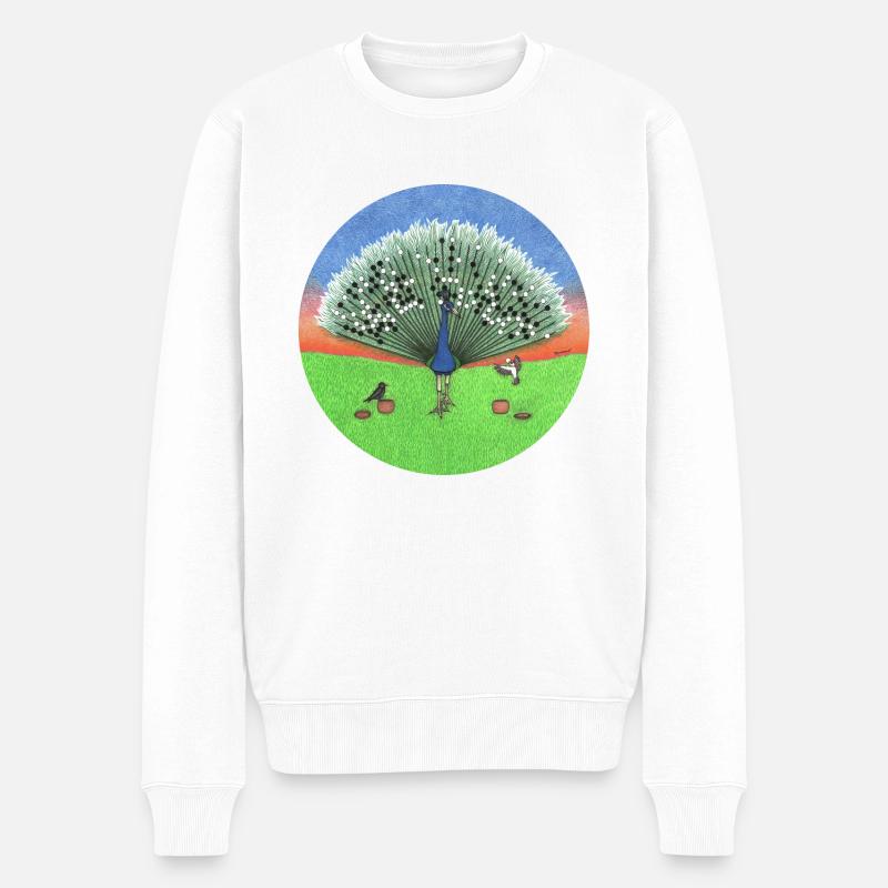 Deux oiseaux jouent sur les plumes d’un paon - Pull Premium bio Homme - blanc