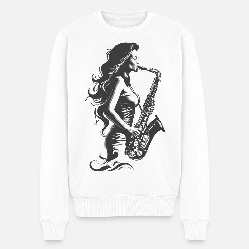 Saxophon Frau Zeichnung - Männer Premium Bio Pullover - Weiß