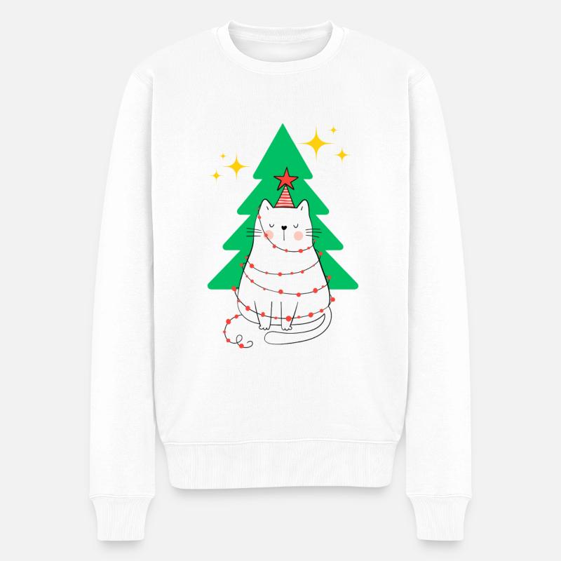 Katze Weihnachten Tannenbaum - Männer Premium Bio Pullover - Weiß