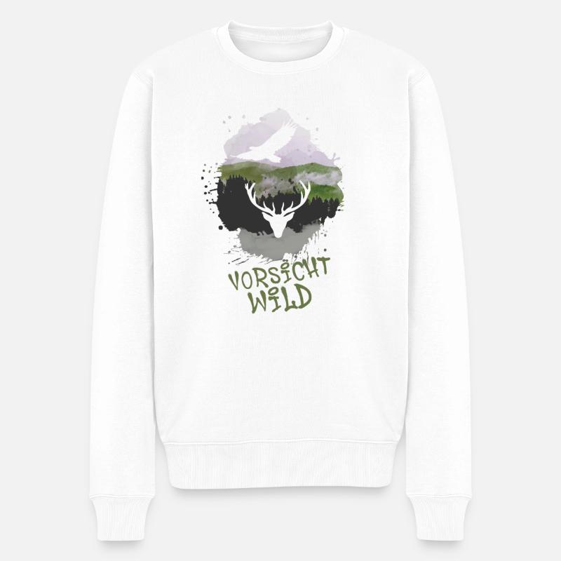 Vorsicht Wild,Hirsch, Geweih, hirschgeweih, natur - Männer Premium Bio Pullover - Weiß