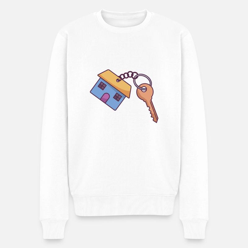 Ein Schlüsselanhänger in der Form eines blauen Hauses mit einem Schlüssel - Männer Premium Bio Pullover - Weiß