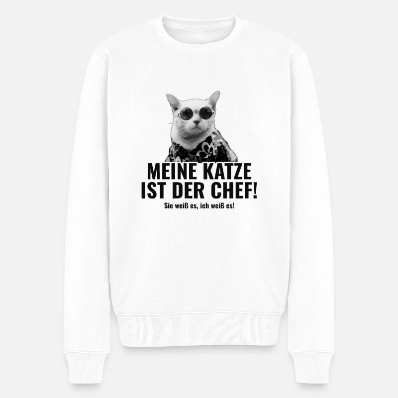 Meine Katze ist der Chef Lustige Katzen Sprüche - Männer Premium Bio Pullover - Weiß