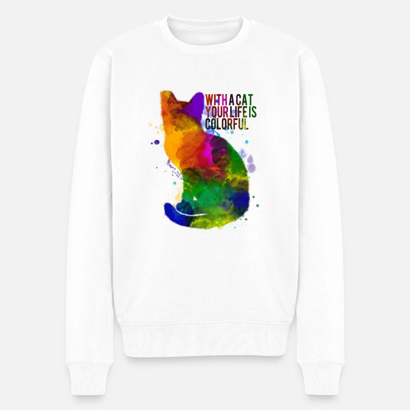 Bunte Katze - Männer Premium Bio Pullover - Weiß