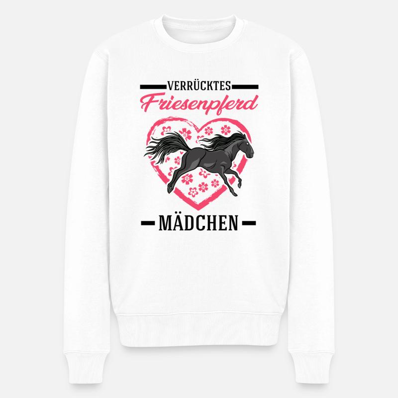 Verrücktes Friesenpferd Mädchen - Männer Premium Bio Pullover - Weiß