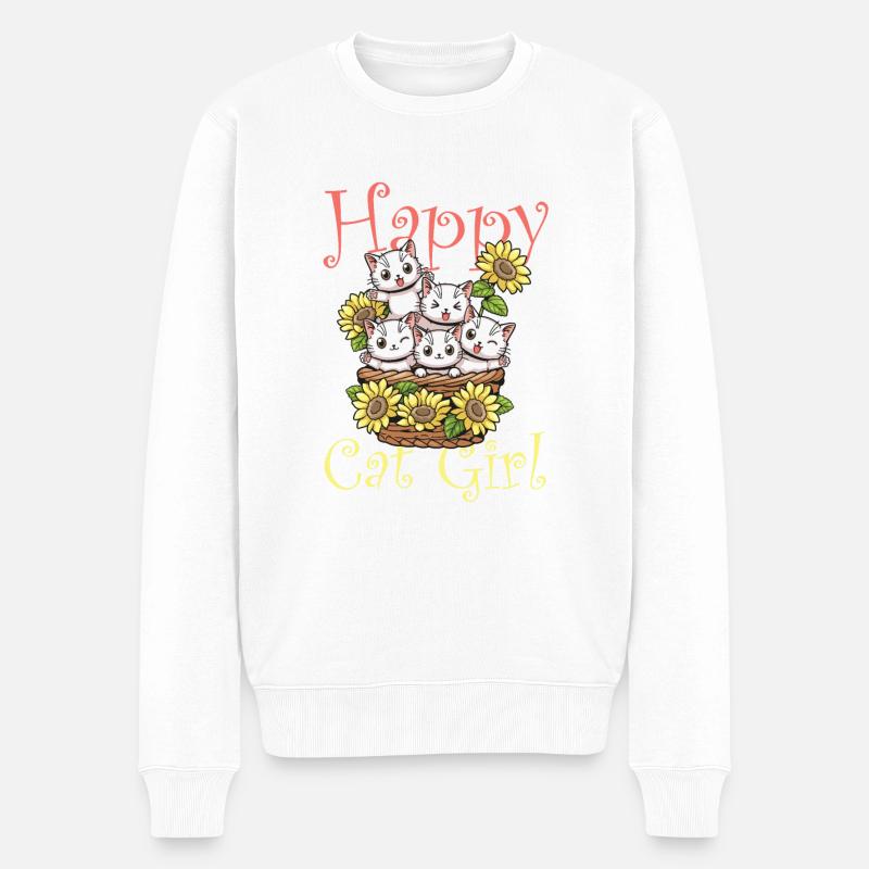 Happy Cat Mädchen Kätzchen - Männer Premium Bio Pullover - Weiß