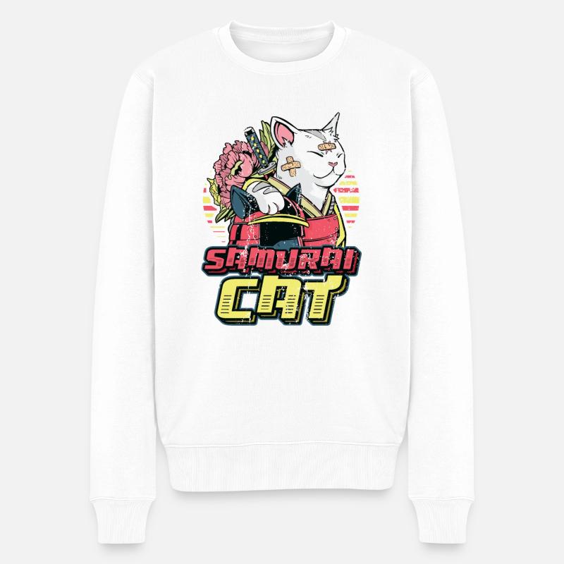 Anime Samurai-Katze - Männer Premium Bio Pullover - Weiß