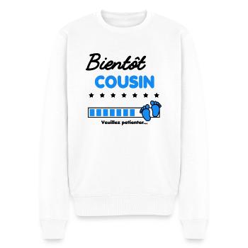 Bientôt Cousin cadeau naissance - Pull Premium bio Homme - blanc - Devant - Thijin (182cm)