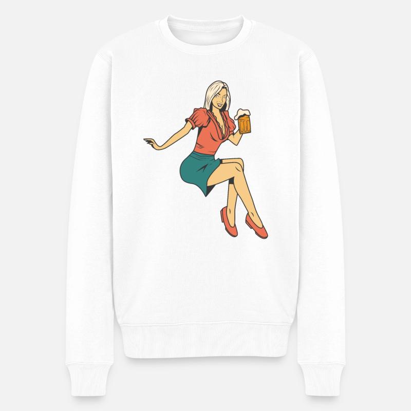 Frau mit Bier - Männer Premium Bio Pullover - Weiß